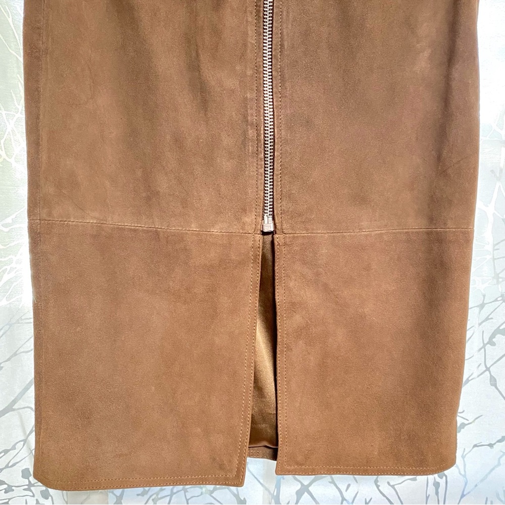All Saints Arel brown tan suede silver front zipper zip up pockets midi skirt - Picture 7 of 16